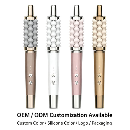 Four handheld personal massagers shown upright on a white background, each in a different color: gray, white, blush pink, and champagne gold. The devices have textured wavy handles, metallic silver/chrome ends, and two circular buttons on the lower body.