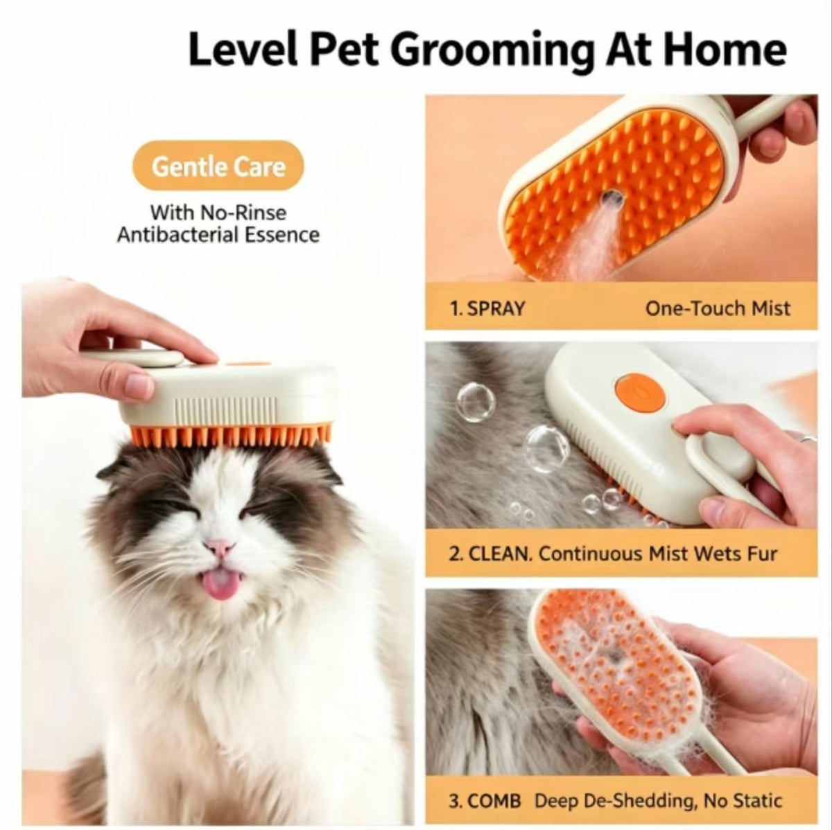Promotional graphic for a pet grooming brush and mist spray set, showing a fluffy cat with the brush on its head, plus four inset steps demonstrating spray, wet fur, lather, and combing with an orange-and-cream brush.