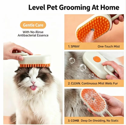 Promotional graphic for a pet grooming brush and mist spray set, showing a fluffy cat with the brush on its head, plus four inset steps demonstrating spray, wet fur, lather, and combing with an orange-and-cream brush.