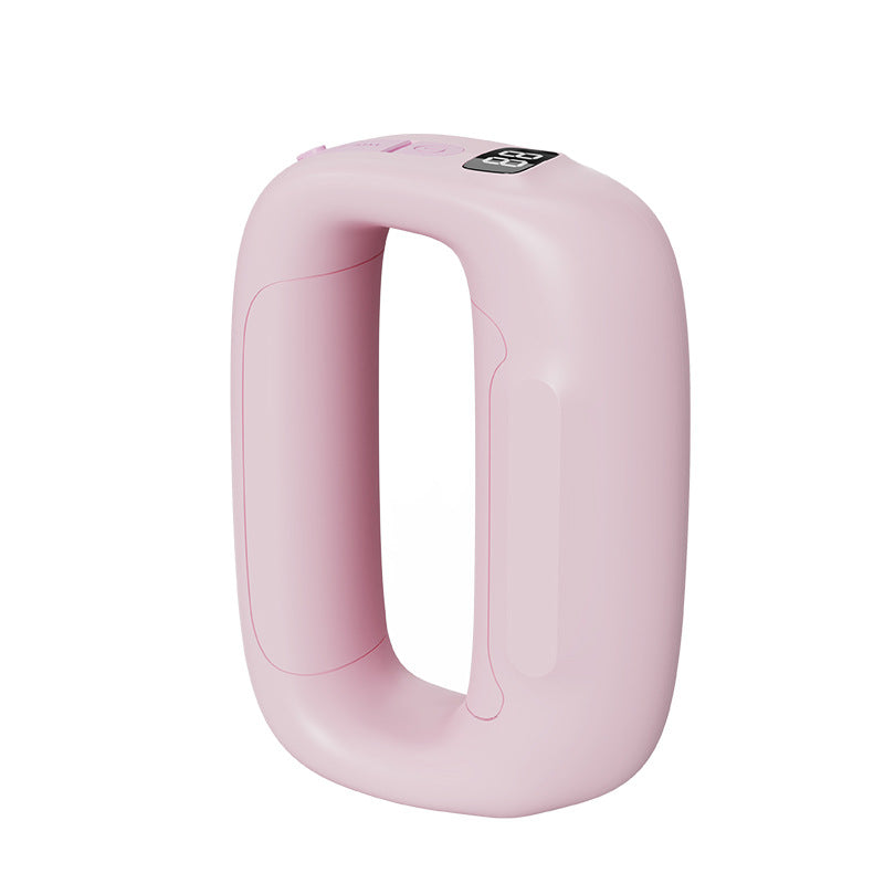 A light pink handheld device with a rounded, ergonomic U-shaped body and a small black digital display on top, shown against a solid white background.
