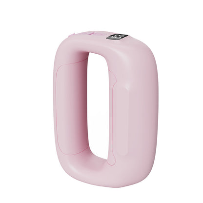 A light pink handheld device with a rounded, ergonomic U-shaped body and a small black digital display on top, shown against a solid white background.