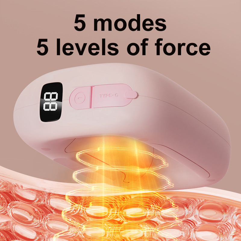 A pink handheld beauty device with a digital display and power button, shown above a stylized cross-section of skin with glowing orange heat waves. Text at the top reads '5 modes 5 levels of force'.
