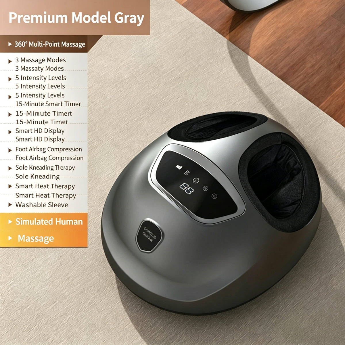 A premium gray foot massage device shown on a beige fabric surface with a wooden table edge in the background. A vertical text panel on the left lists features such as 360° multi-point massage, multiple massage modes, intensity levels, smart timers, foot airbag compression, smart HD display, sole kneading therapy, smart heat therapy, and washable sleeve.