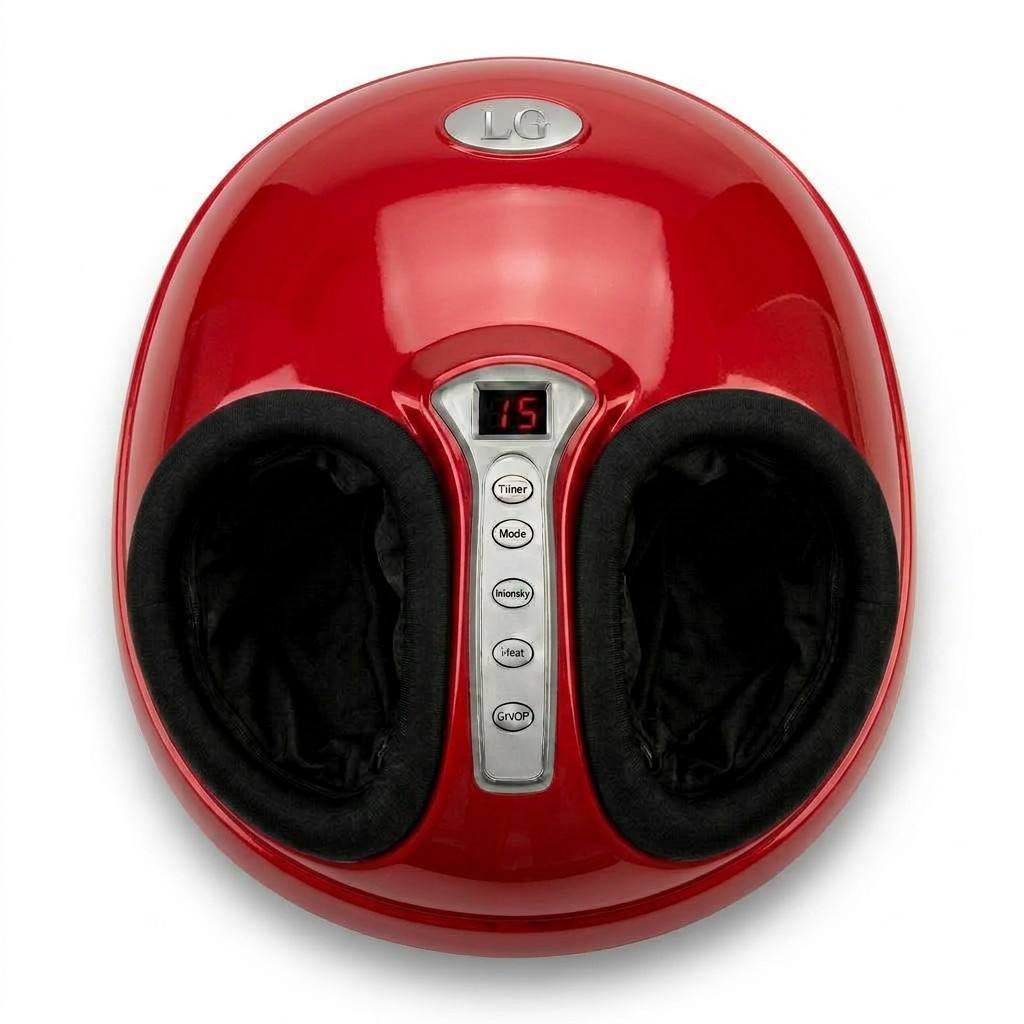 A red LG foot massager with black padded foot compartments and a central control panel, shown on a plain white background.