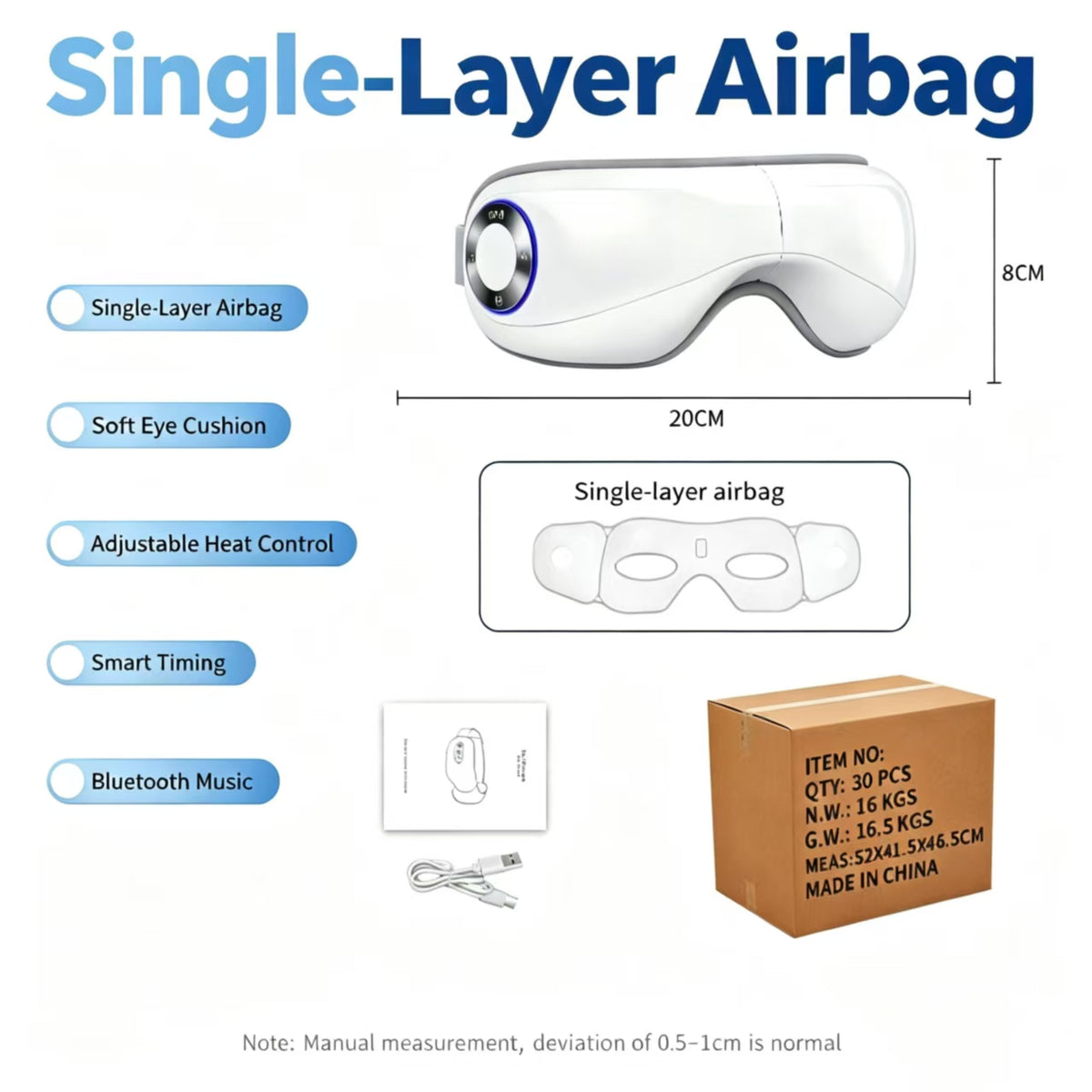 White single-layer eye mask airbag shown on a light gray background with product features listed on the left, a smaller product schematic in the center, a USB cable and box in the lower area, and dimensions marked as 20CM by 8CM.