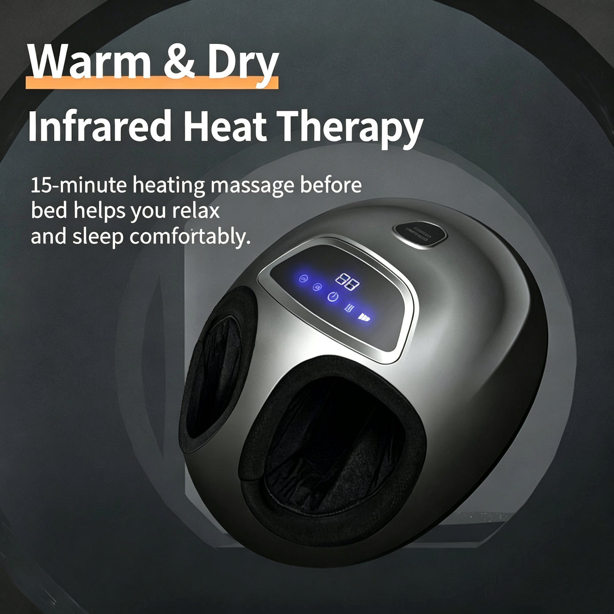 A spherical foot and ankle massager with a metallic silver exterior and black interior, featuring a digital display screen with blue LED lights. The image includes promotional text highlighting 'Warm & Dry' and 'Infrared Heat Therapy' benefits.