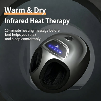 A spherical foot and ankle massager with a metallic silver exterior and black interior, featuring a digital display screen with blue LED lights. The image includes promotional text highlighting 'Warm & Dry' and 'Infrared Heat Therapy' benefits.