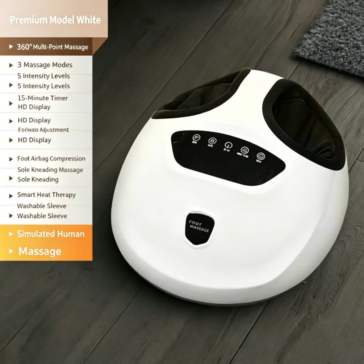 A white foot massage spa machine with a black control panel, shown on a dark wood floor next to a product feature list overlay.
