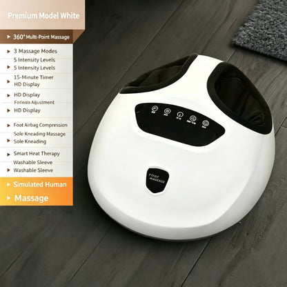 A white foot massage spa machine with a black control panel, shown on a dark wood floor next to a product feature list overlay.